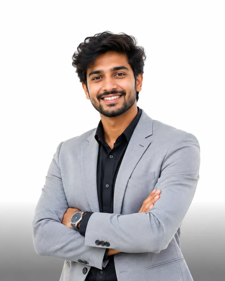 A smiling young graduate in a grey blazer