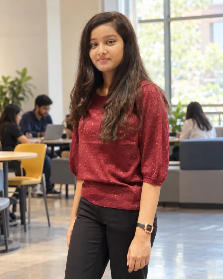 A student in a modern campus lounge