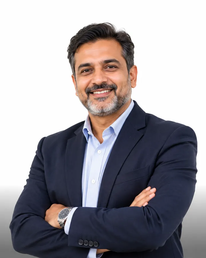 A confident working professional in a navy suit